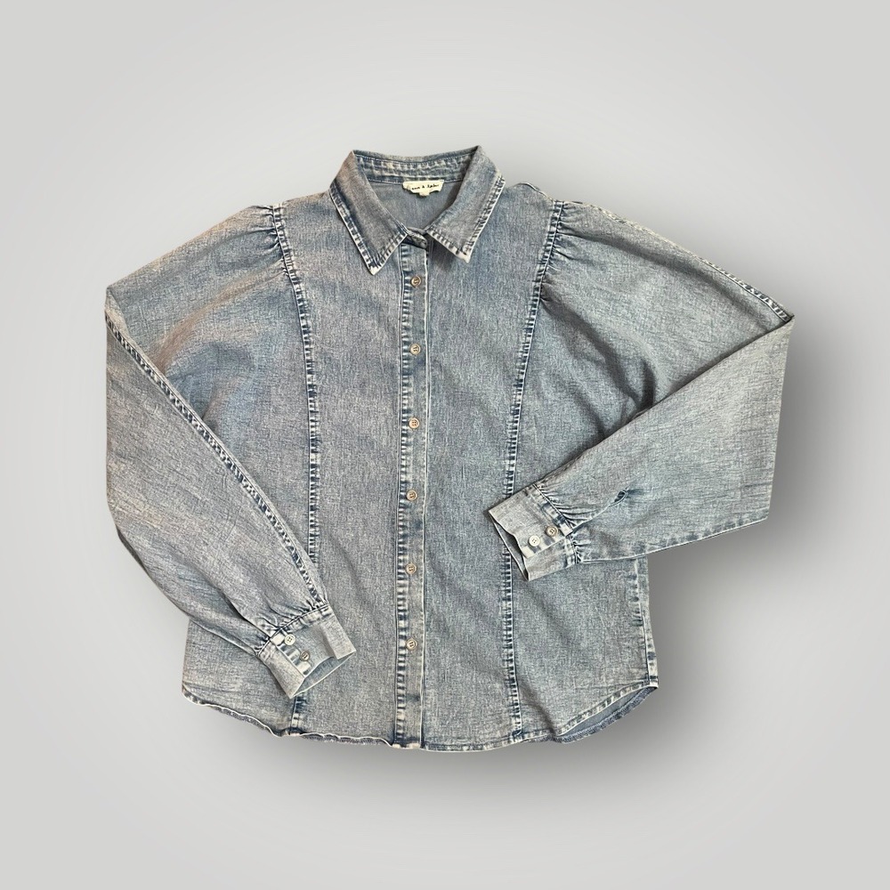 Aaron & Amber Acid Wash Denim Puff Sleeve Button‎ Up Shirt Womens Small Casual